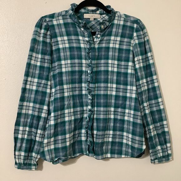 Loft Blue Plaid Ruffle Outdoorsy Cabincore Hiking Camping Button Down Shirt S - Picture 1 of 8